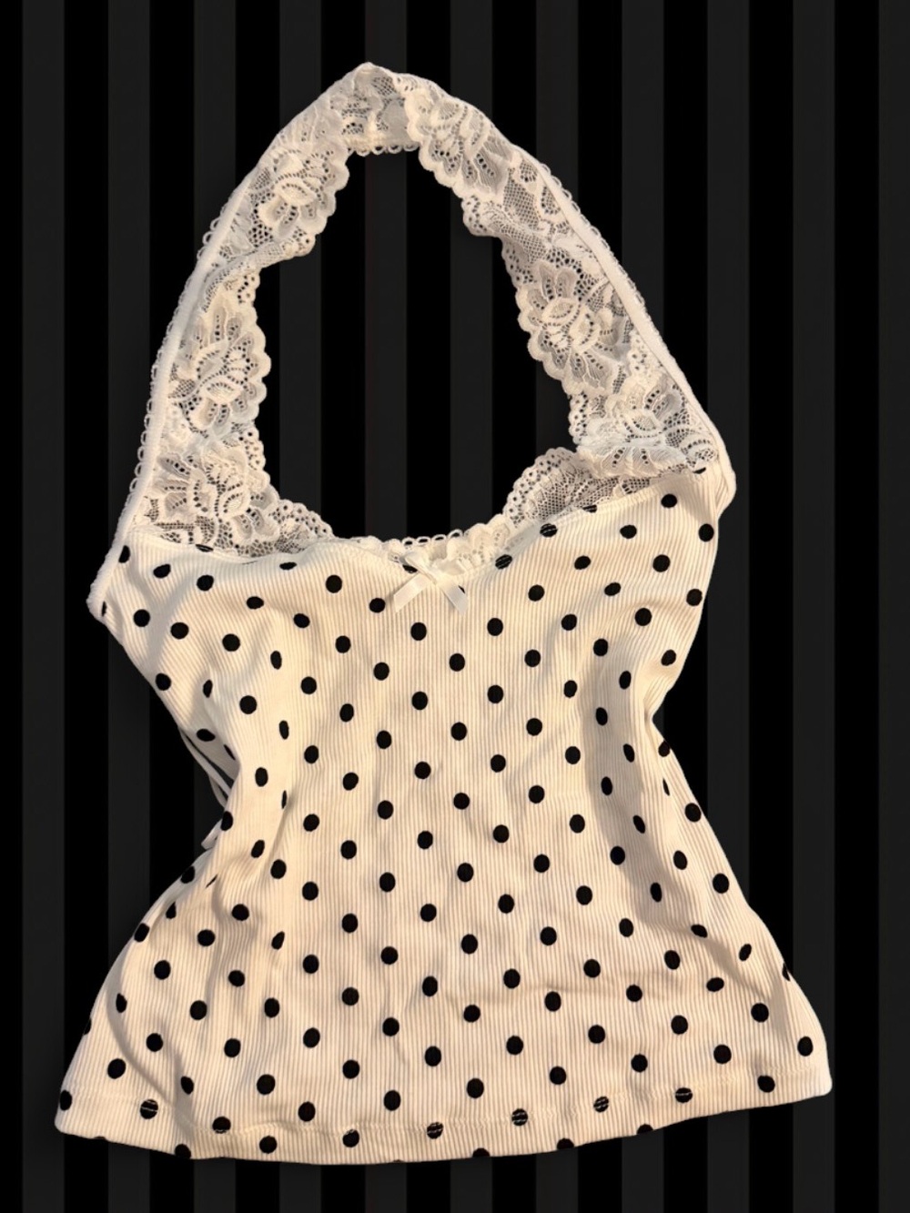 Lace Halter Polka Dot Cami - White with Black Dots